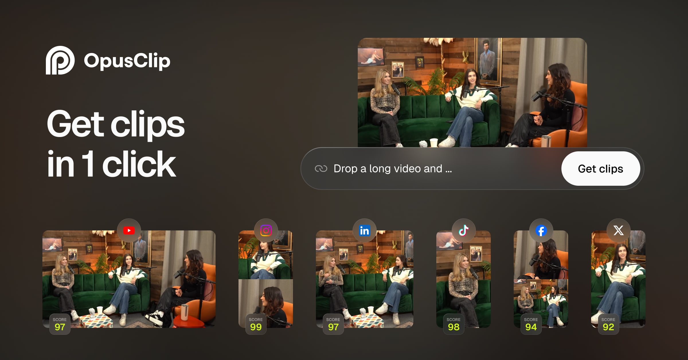 OpusClip turning a long podcast video into clips for multiple social platforms