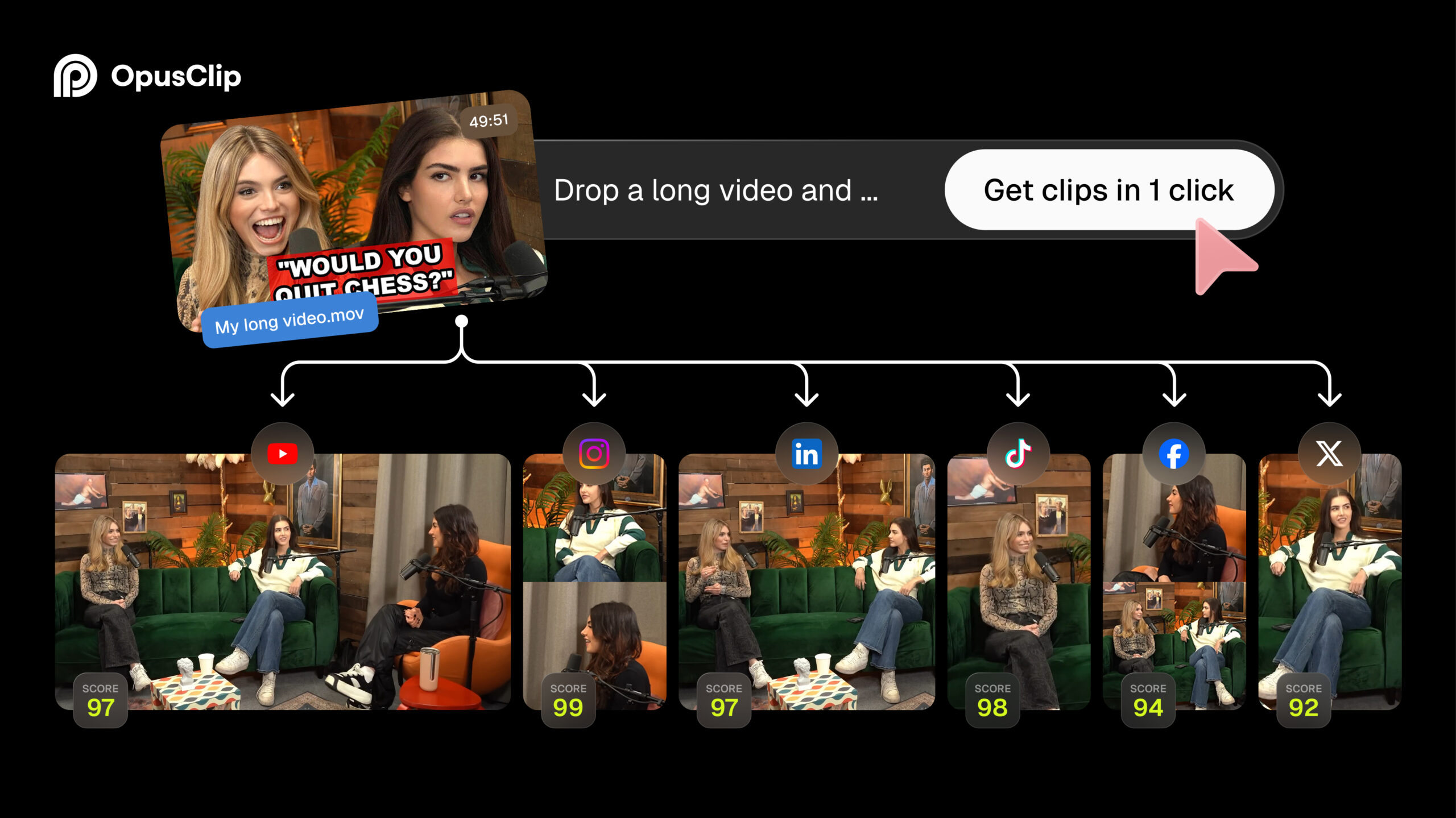 OpusClip vertical video reframing and caption editing interface