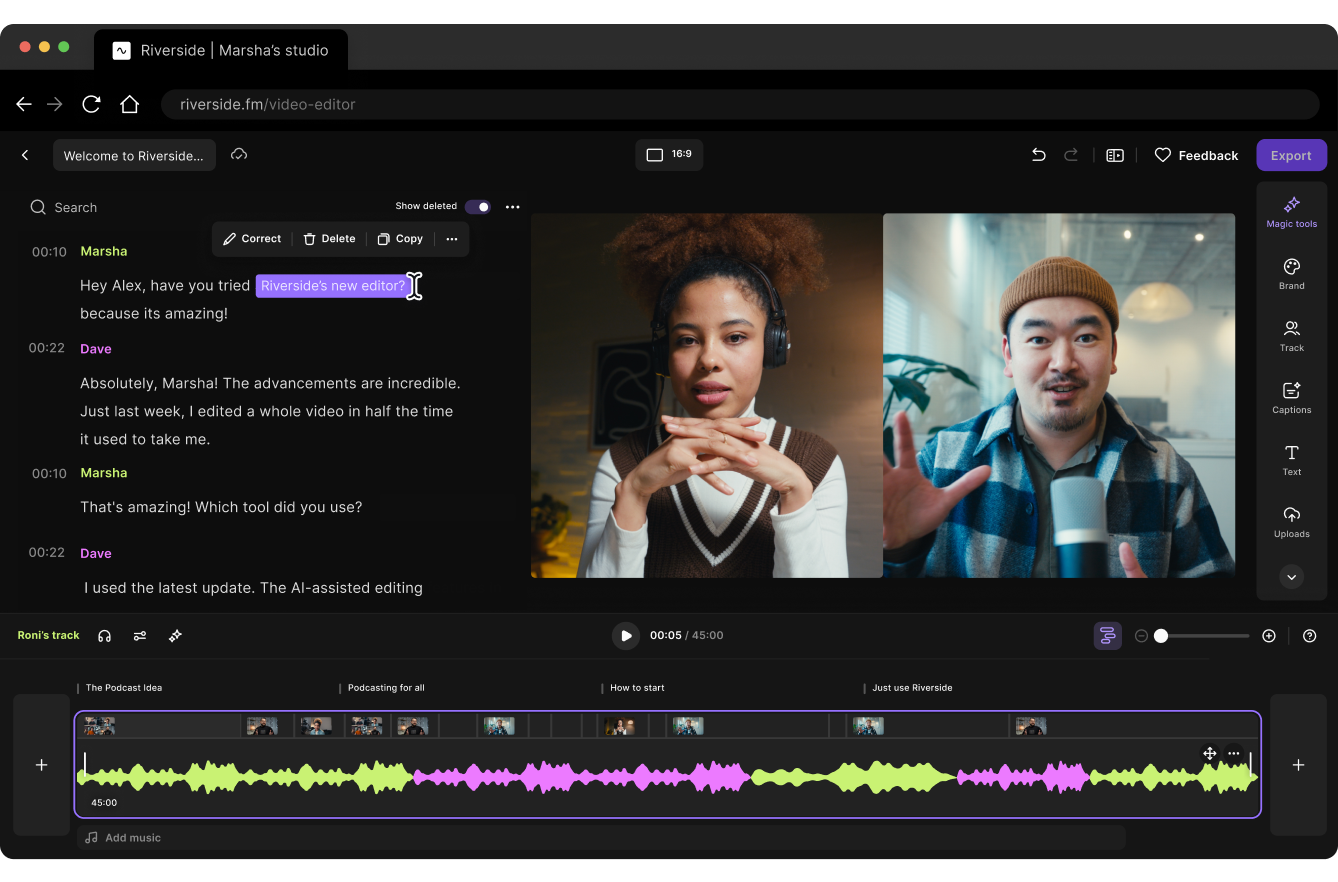 Riverside recording studio interface for remote podcast guests