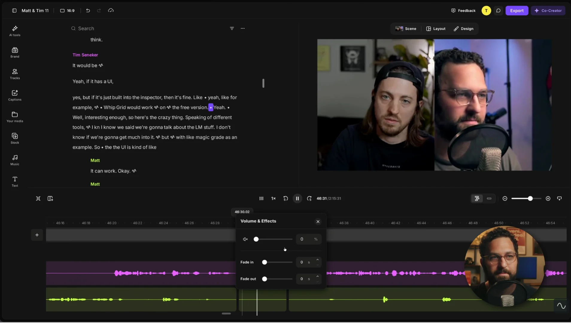 Riverside transcript and video editing workspace